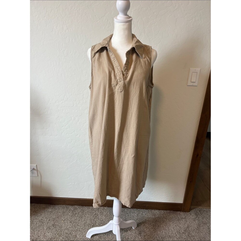 Per Se Neutral Linen Blend Collared Shirt Dress in Light Beige Large